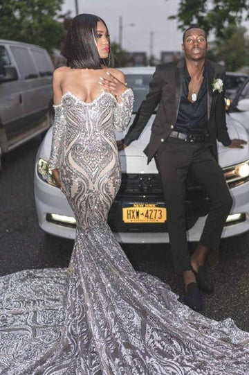 TRENDY LONG SLEEVES SWEETHEART SILVER SEQUINED LUXURIOUS PROM PARTY GOWNS HZ1023